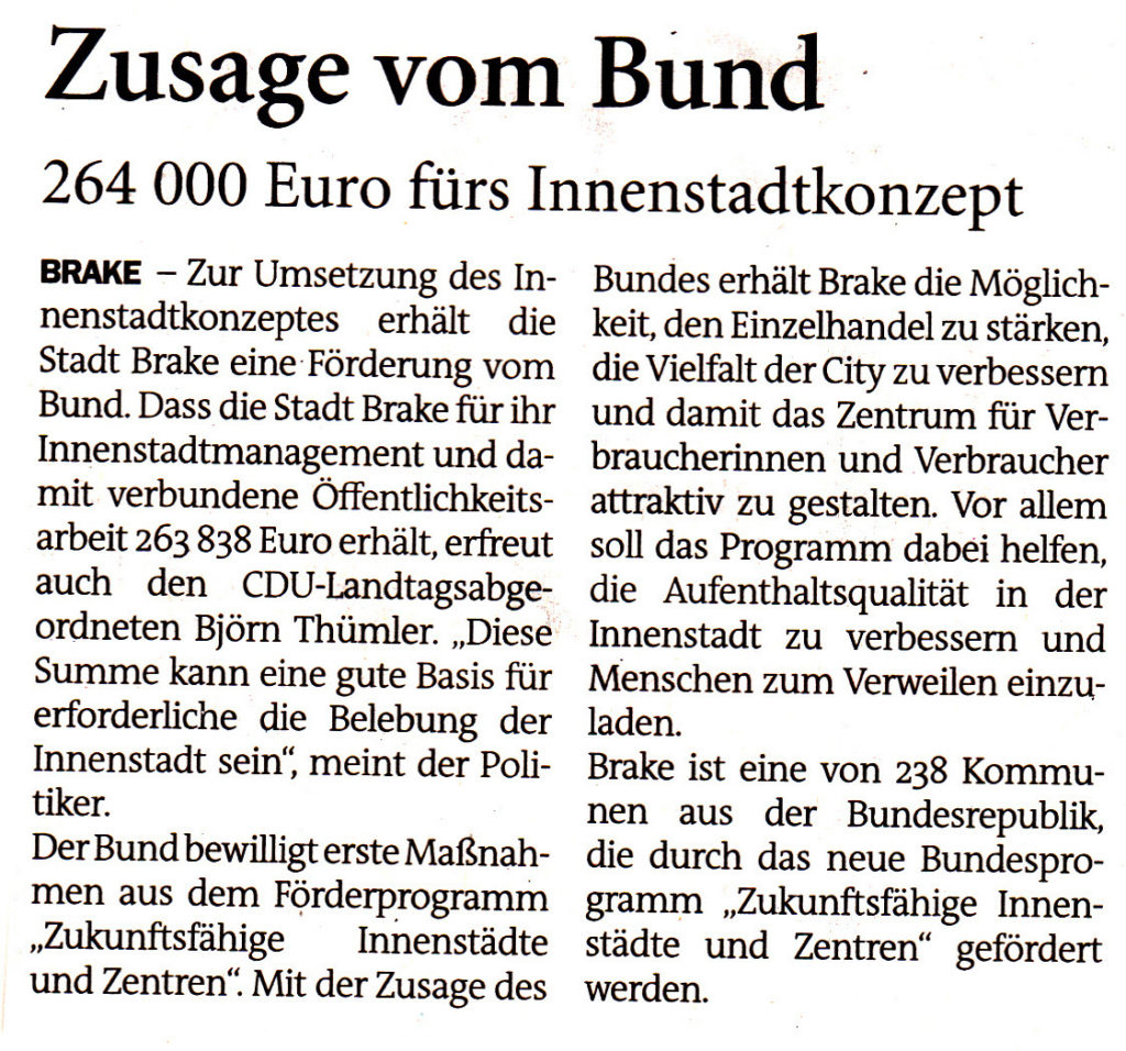 Zusage vom Bund 264000 fürs Innenstadtkonzept, Quelle: Sonntagsblatt Wesermarsch, 02.01.2022
