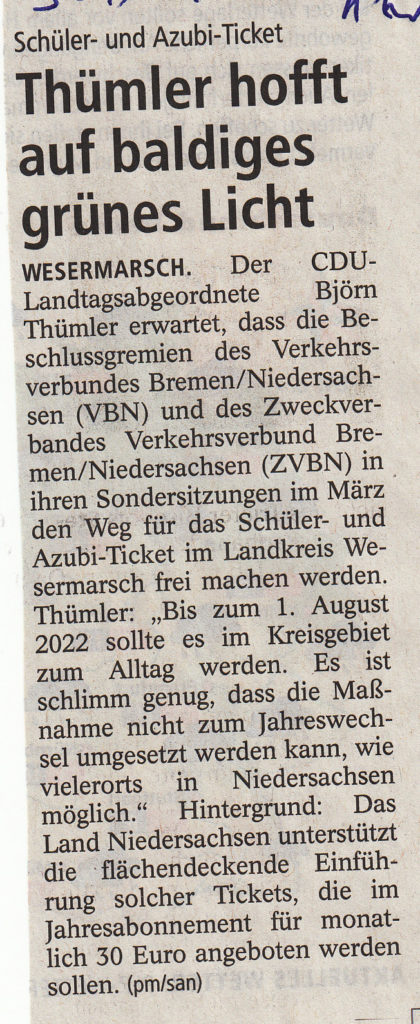 Thümler hofft auf baldiges grünes Licht, Quelle: Kreiszeitung Wesermarsch, 30.12.2021