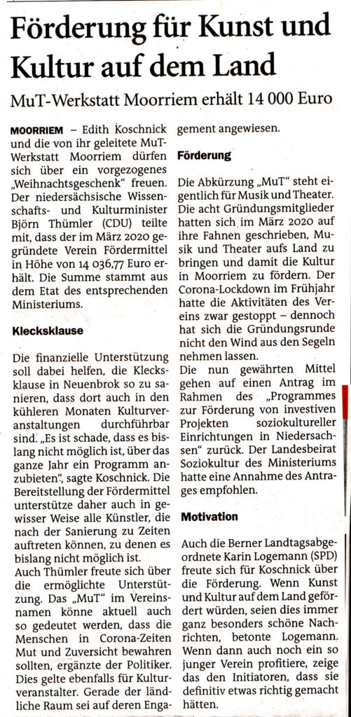 Förderung für Kunst und Kultur auf dem Land, Quelle: Sonntagsblatt Wesermarsch, 25.12.2021