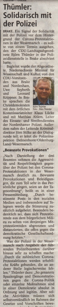 Thümler: Solidarisch mit der Polizei, Quelle: Kreiszeitung Wesermarsch, 20.01.2022