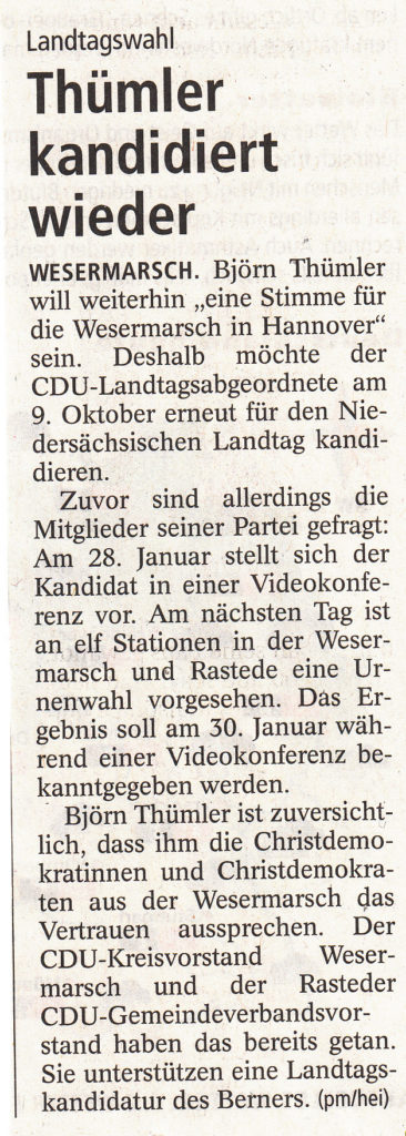 Thümler kandidiert wieder, Quelle: Kreiszeitung Wesermarsch, 19.01.2022
