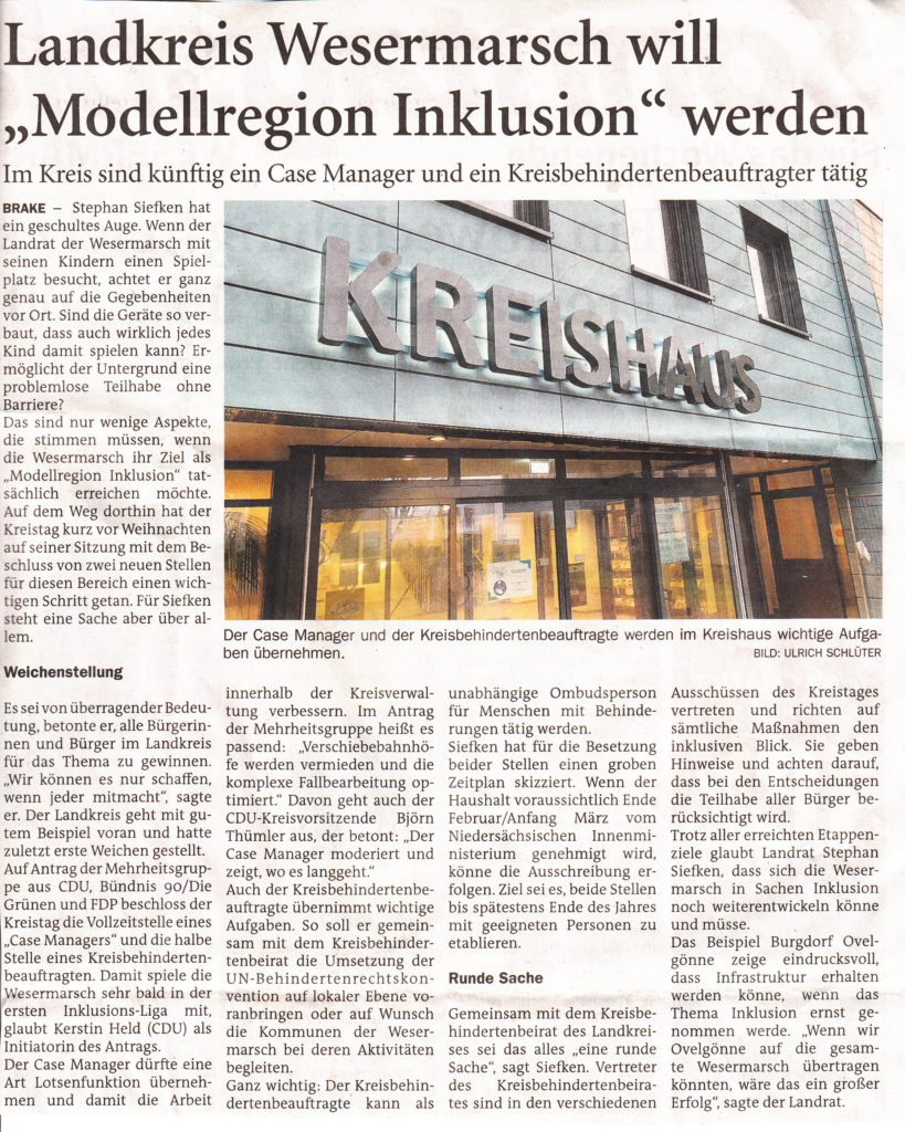 Landkreis Wesermarsch will "Modellregion Inklusion" werden, Quelle: Sonntagsblatt Wesermarsch, 15.01.2022