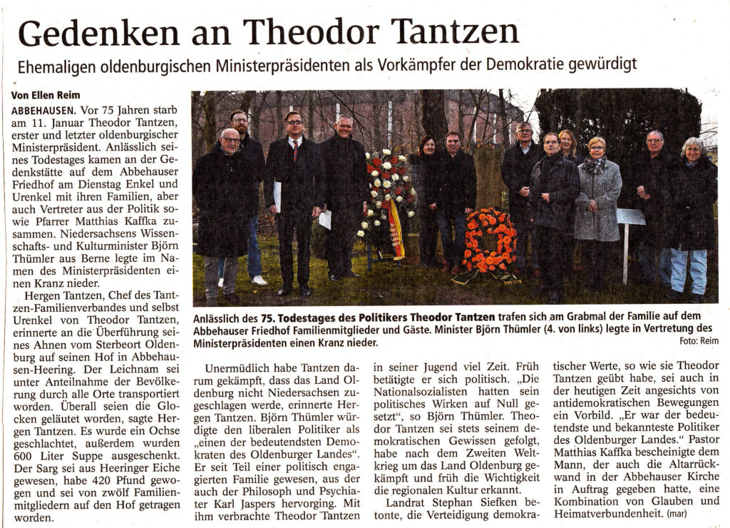 Gedenken an Theodor Tantzen, Quelle: Kreiszeitung Wesermarsch, 12.01.2022