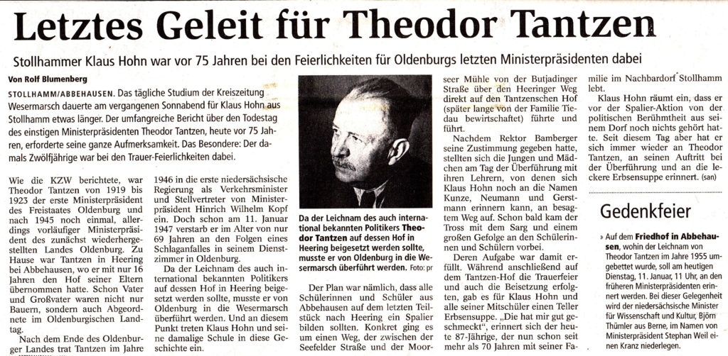 Letztes Geleit für Theodor Tantzen, Quelle: Kreiszeitung Wesermarsch, 11.01.2022