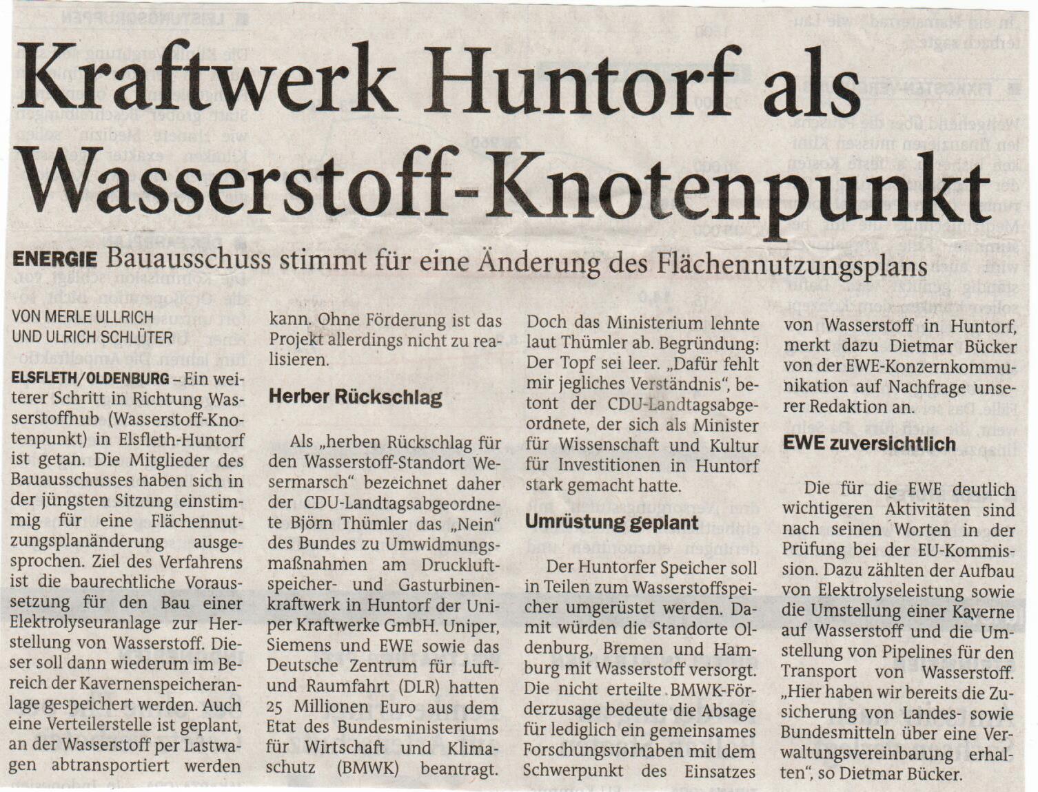 Kraftwerk Huntorf als WasserstoffKnotenpunkt BJÖRN THÜMLER